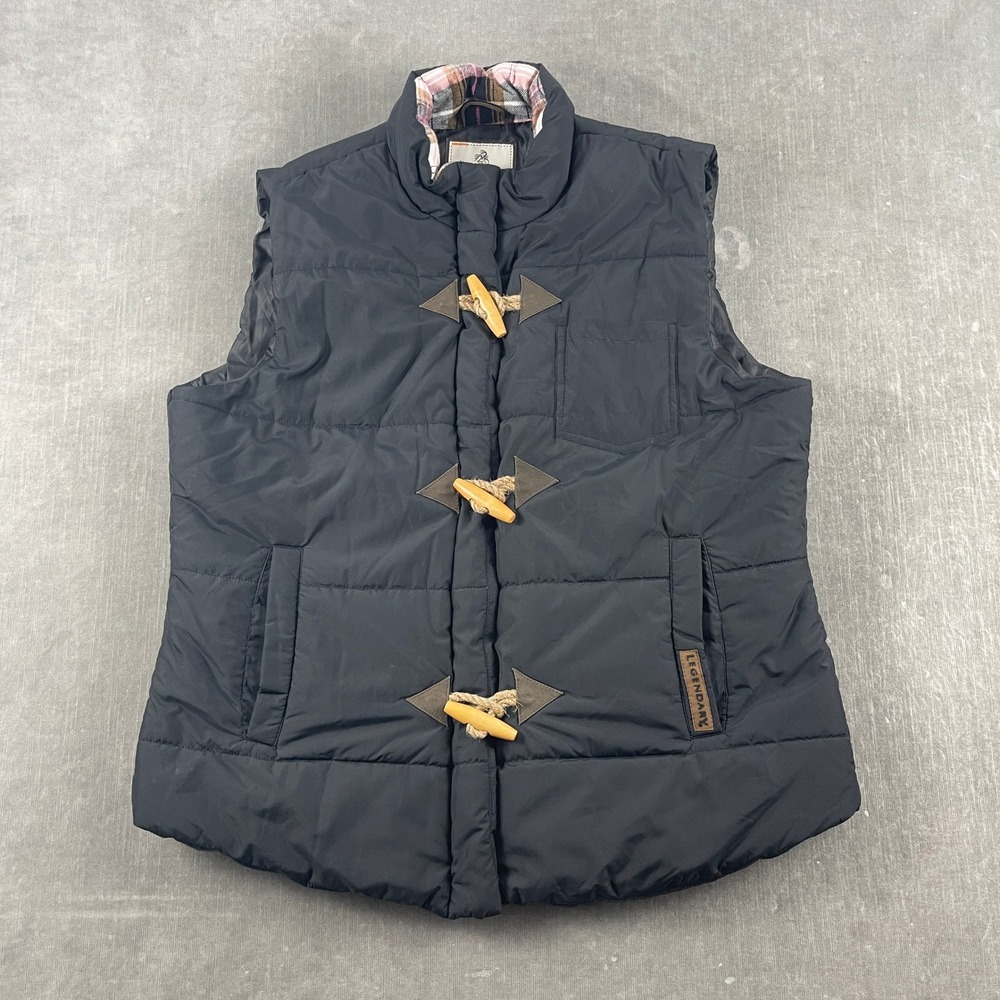 Legendary Whitetails Men XL Black Puffer Vest Toggle Button Plaid Lined Collar